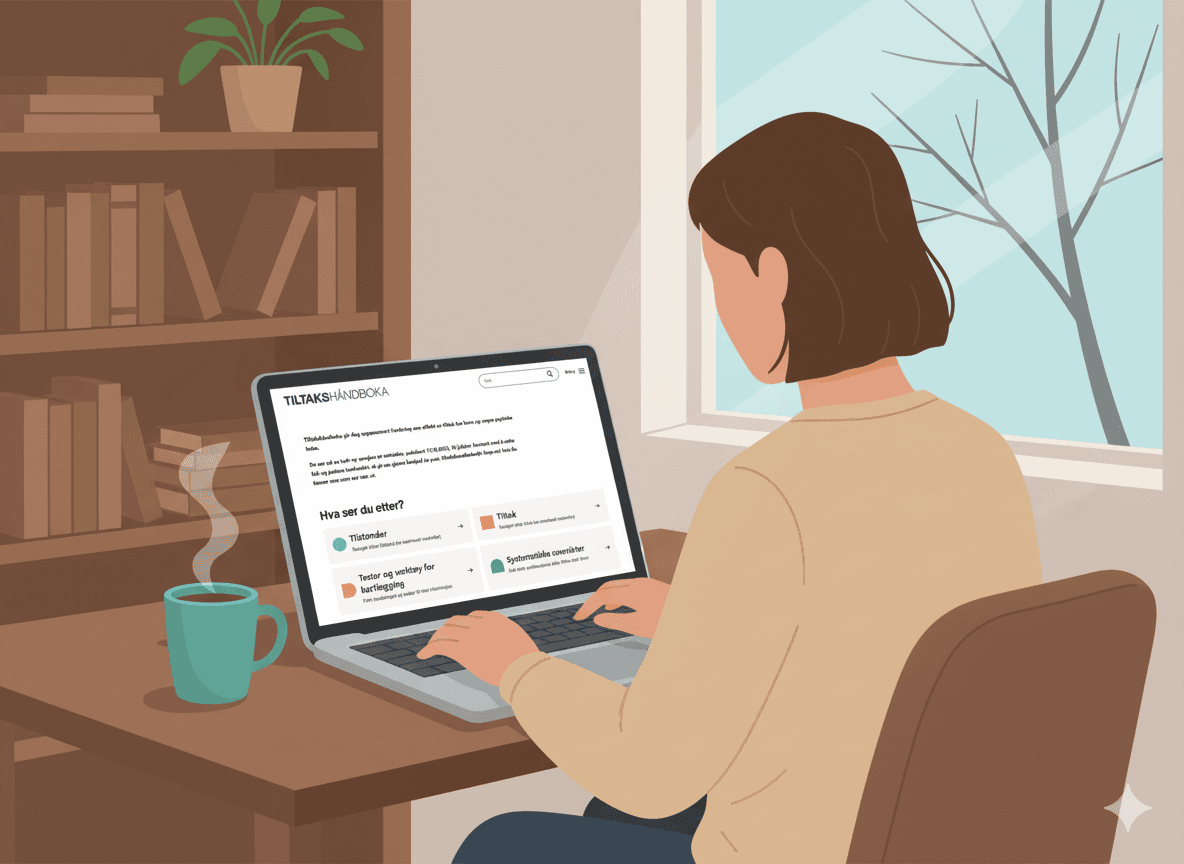 Illustrasjon av person som bruker nettstedet tiltakshandboka.no: Illustrasjonen er KI-generert med Google Gemini