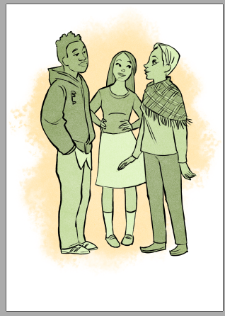 Eksempel på illustrasjon fra Stig Saxegaard: Tre ungdommer snakker sammen.