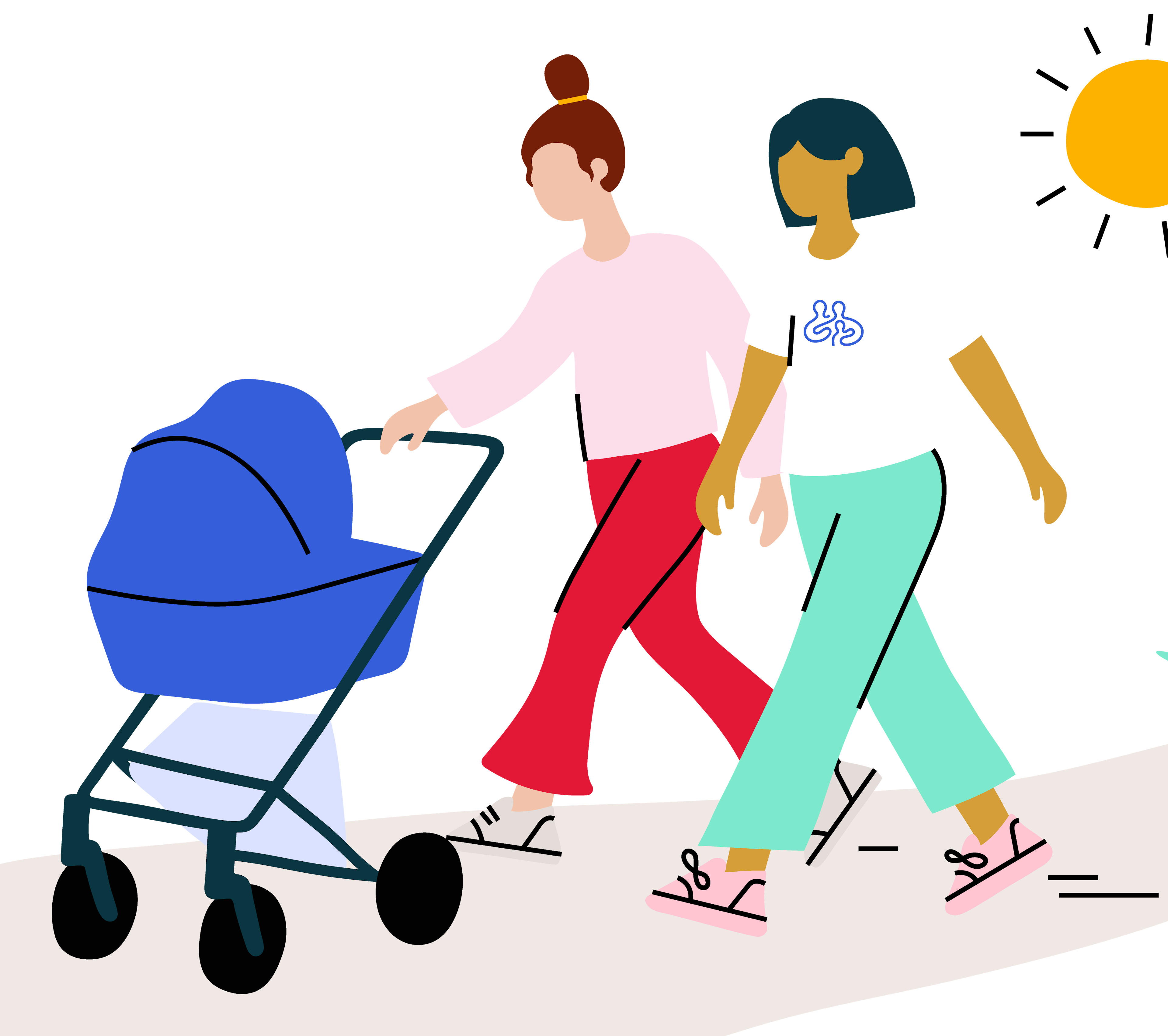 Illustrasjon av en mamma som triller barnevogn og en Sammen på Vei helsesykepleier.